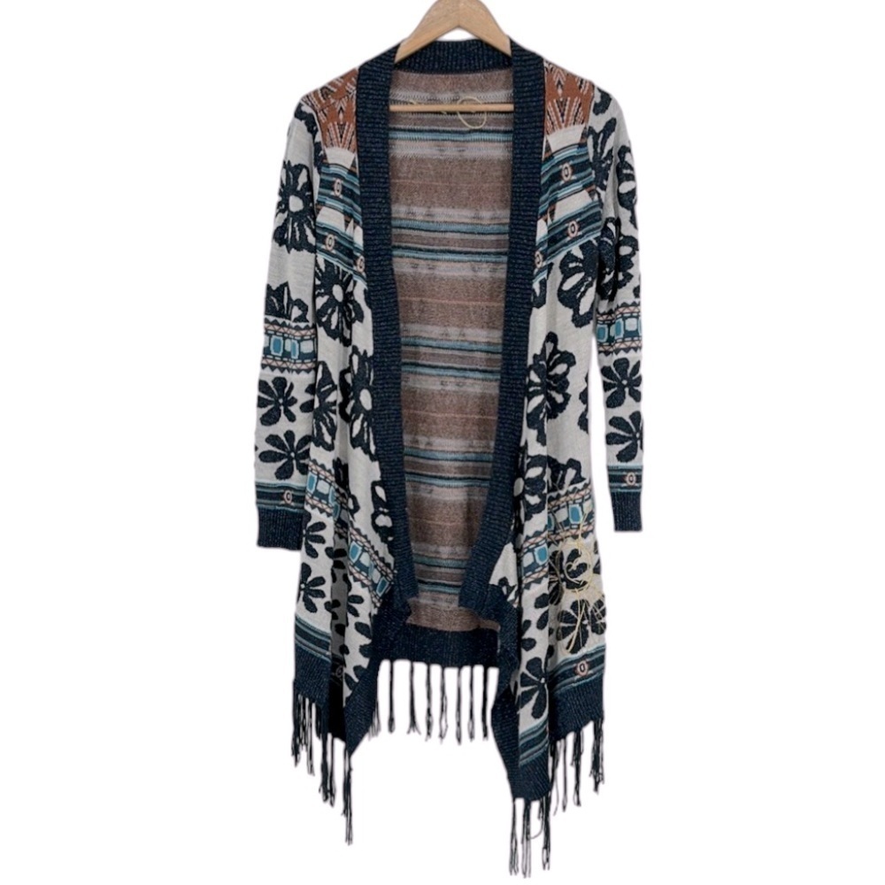 Desigual Floral Open Front Fringe Trim Duster Sweater Women’s Size Small